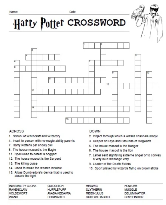 Harry Potter Crossword Puzzle Printable