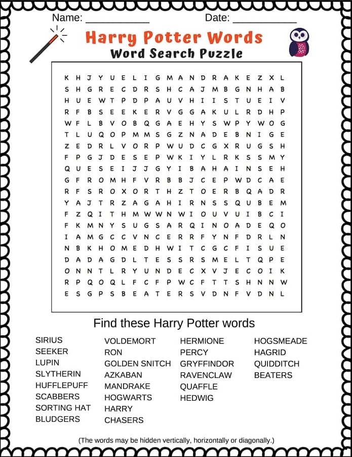 Harry Potter Printable Word Search