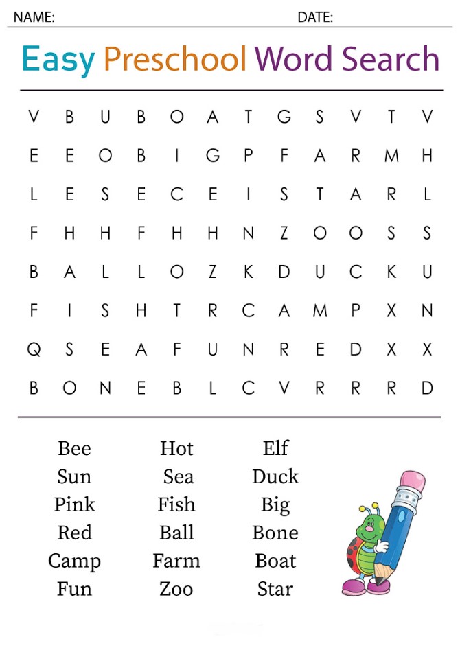 Kindergarten Word Search Printable