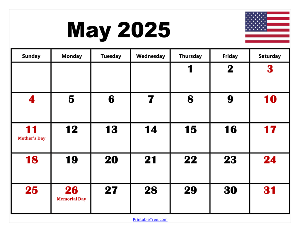 Printable Calendar May 2025 Calendar With Holidays Listed Tiffy Lynnet