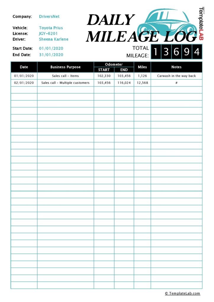 20 Printable Mileage Log Templates Free TemplateLab