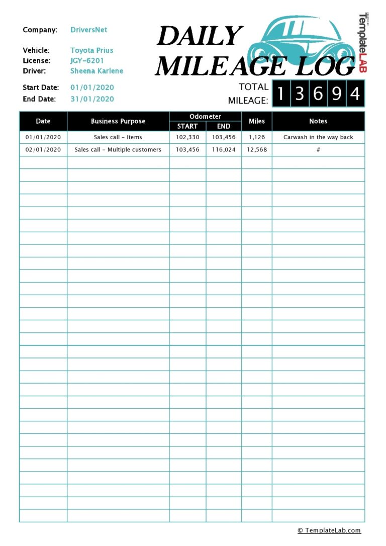 Printable Mileage Log Template For Self Employed - template ...