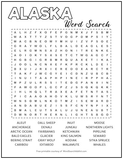 Alaska Printable Word Search Puzzle Word Search Addict