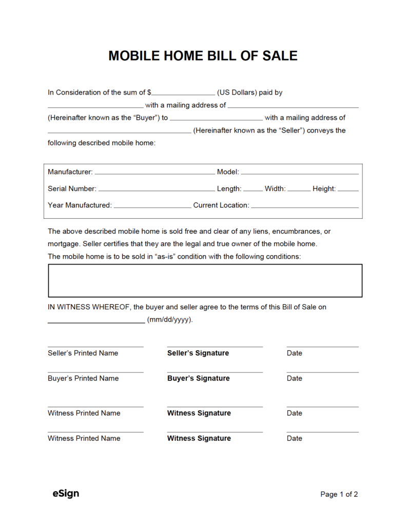 Free Printable Mobile Home Bill Of Sale