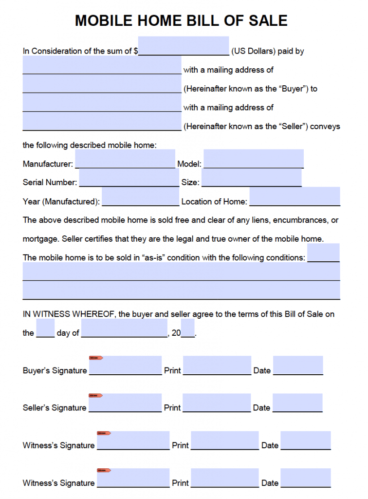 Printable Bill Of Sale For Mobile Home