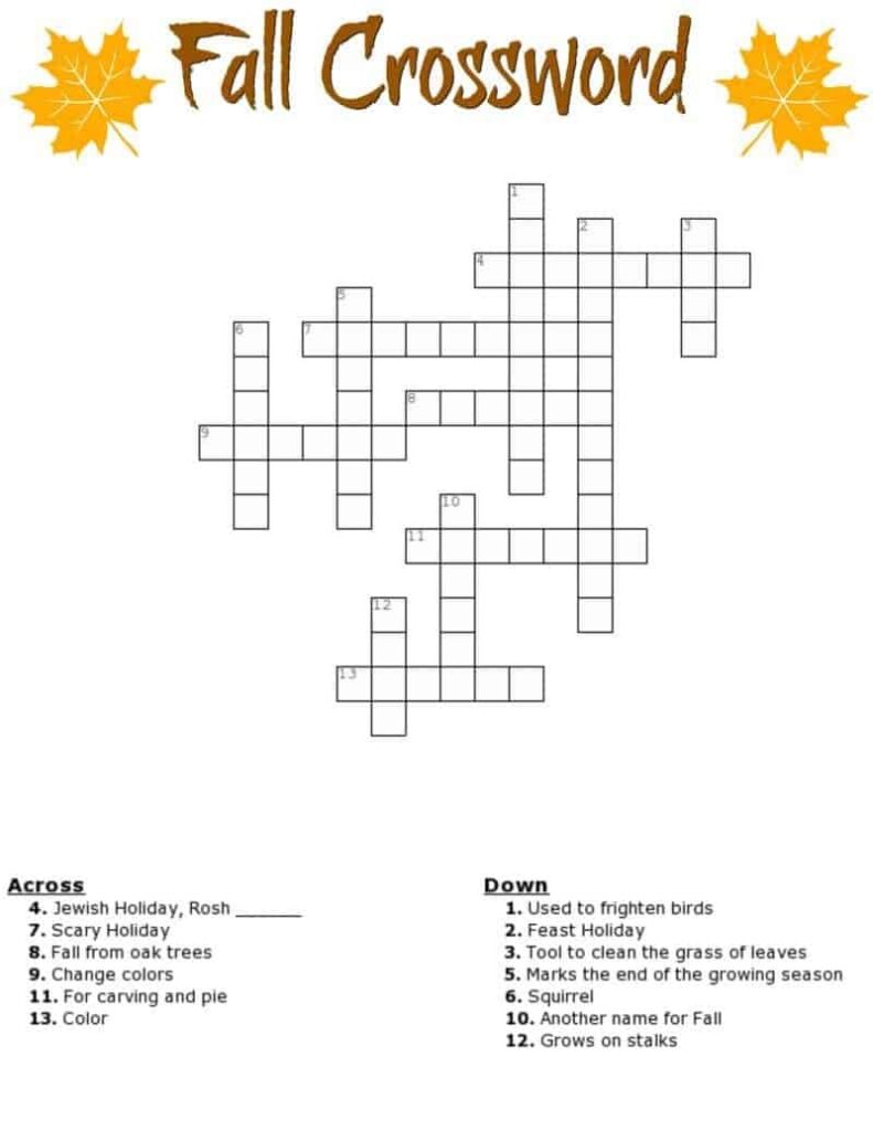 Printable Fall Crossword Puzzles