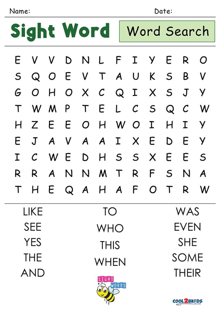 Printable Kindergarten Word Search Cool2bKids