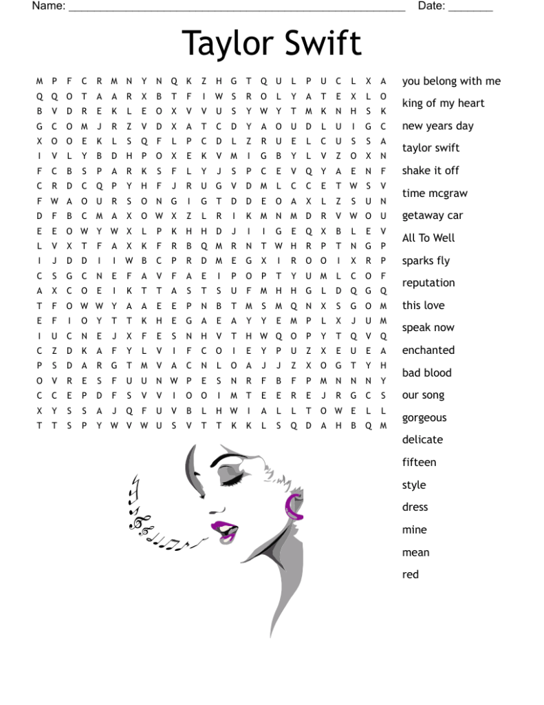 Taylor Swift Word Search Printable Printable Word Searches