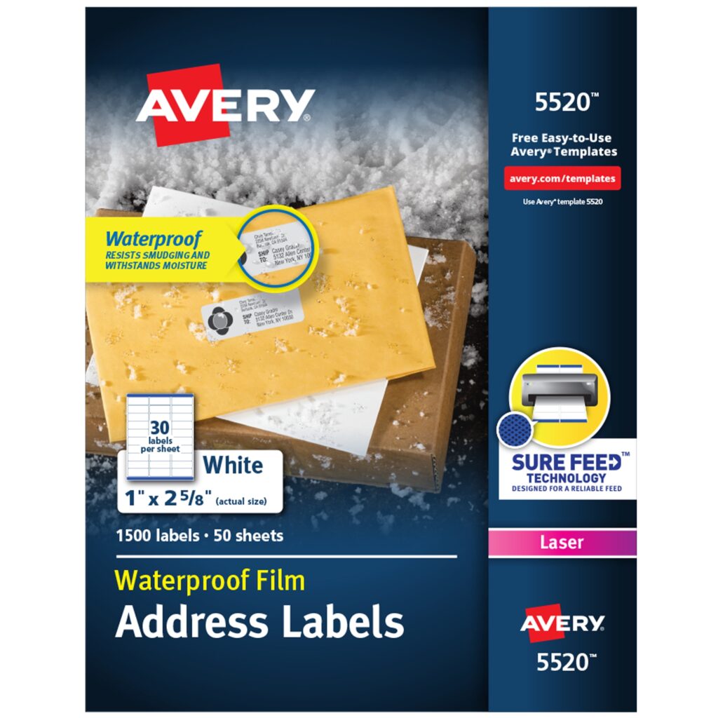 Avery Waterproof Labels Sure Feed 1 X 2 5 8 1 500 Labels 5520 